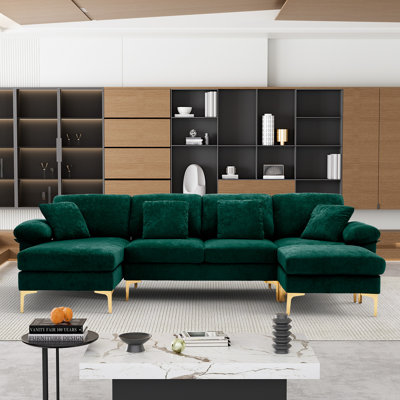 Canapé modulaire en chenille en U 114 po avec méridienne et pieds dorés