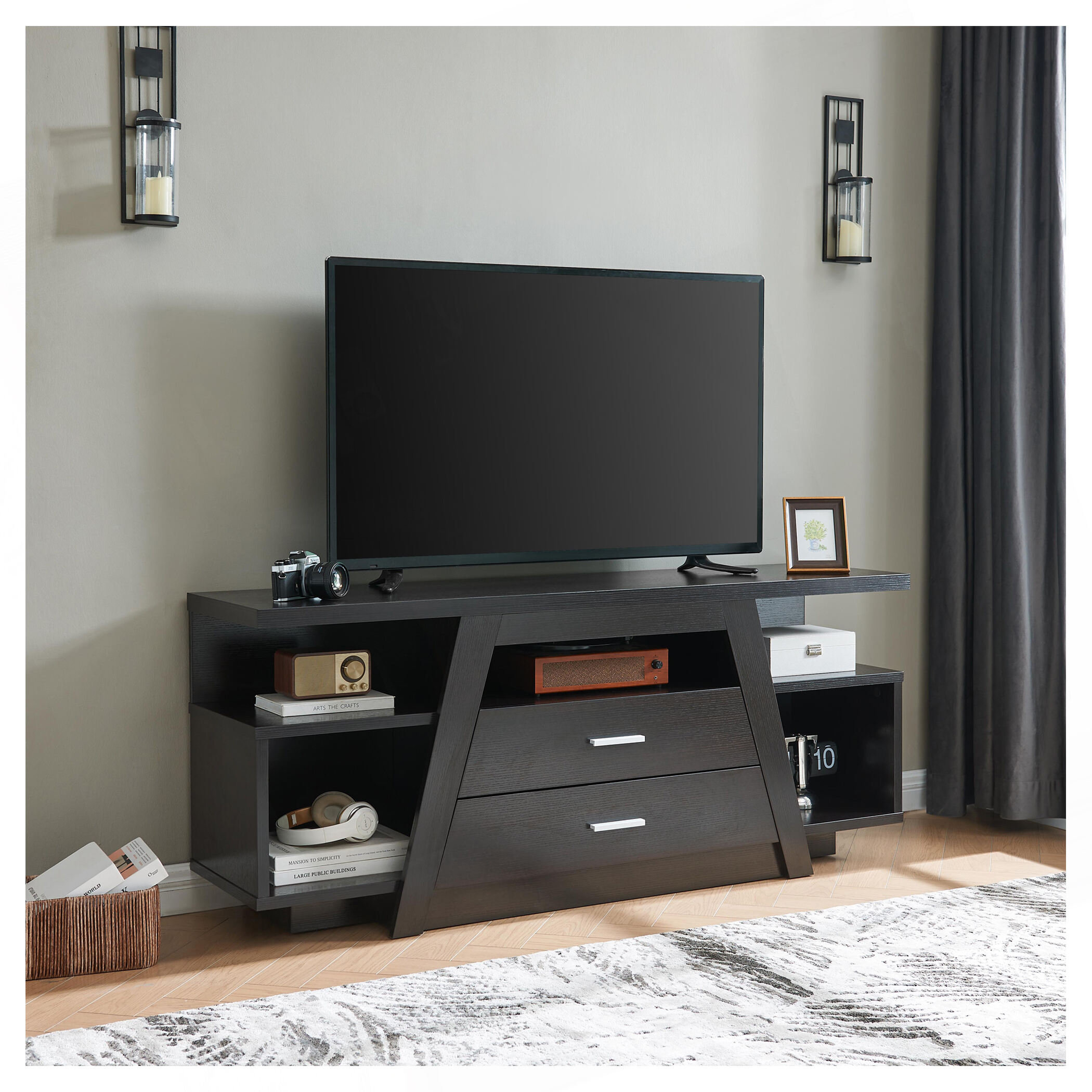 George Oliver Tall Two-Drawer TV Stand with Divided Shelf, Cubbies, and ...