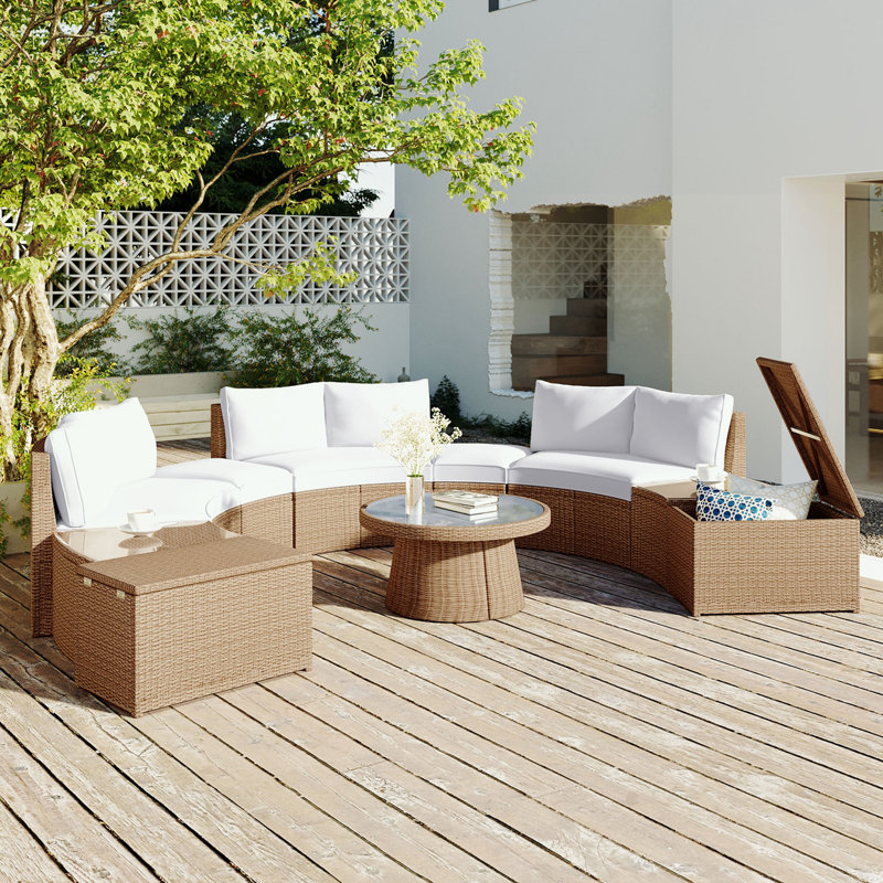 10-Piece Outdoor Half-Round Sectional Sofa Set for Customizable Layout, Brown, White