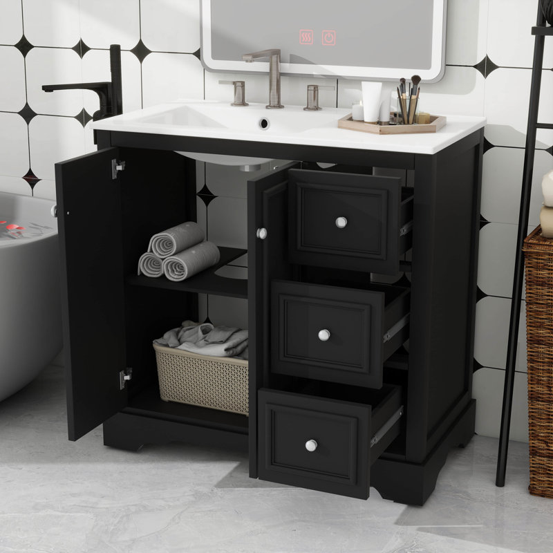 Meuble-lavabo autoportant de 36 pouces avec lavabo en céramique, 3 tiroirs, 2 portes et tablette réglable, Noir