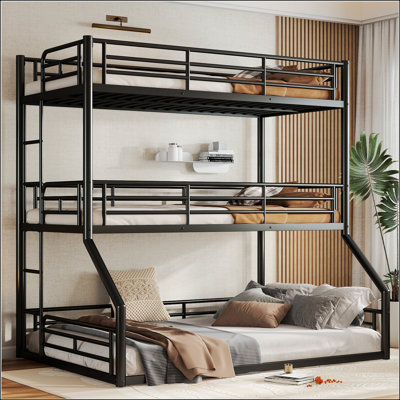 Full Over Full Over Full Bunk Bed, Metal Triple Bunker With Safety Guardrails And Noise-Reduced Design
