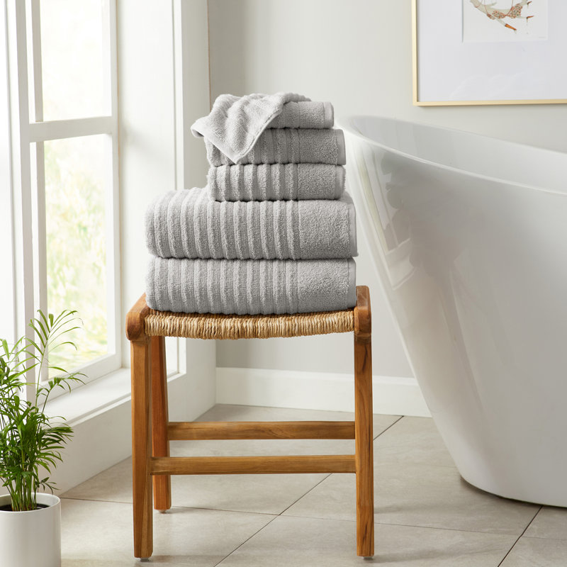100% Zero-Twist Cotton Ribbed Bath Towels , 6 Piece Towel Set, Soft Gray