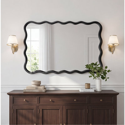 Wavy Solid Wood Wall Mirror, 40" x 28", Antique Black – Modern Rectangular Mirror for Bathroom, Bedroom, Living Room, Entryway