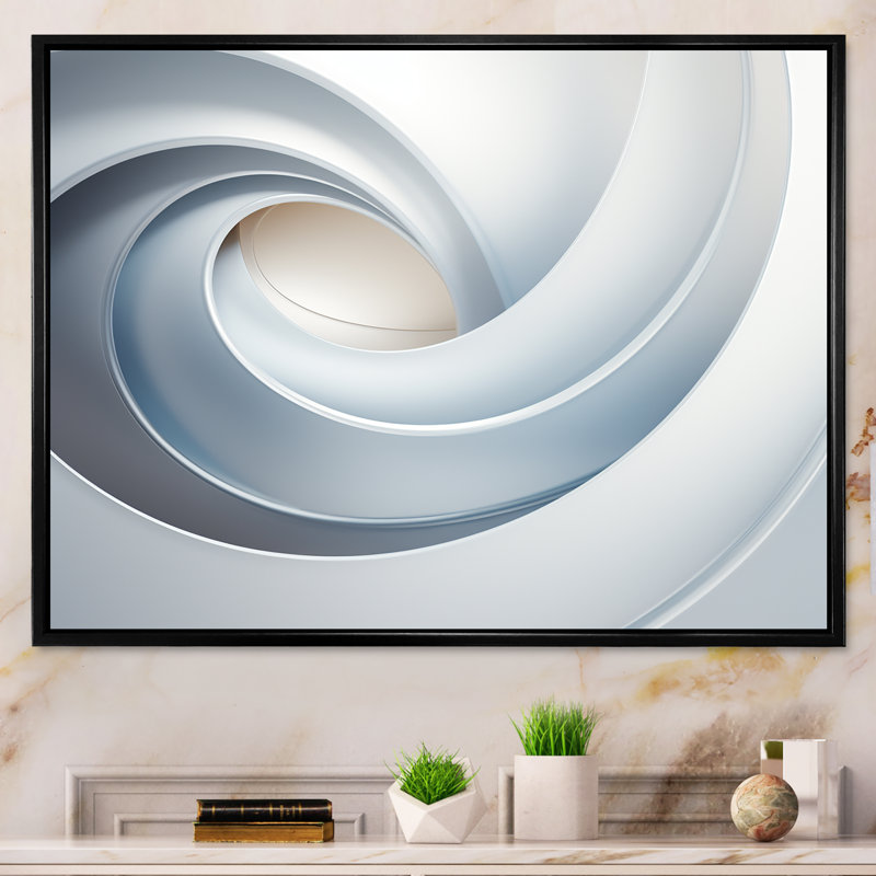 White Orbiting Overture Spiral - Abstract Spirals Canvas Prints_106159, Black Floater Framed Canvas, 30" H x 40" W x 1.5" D