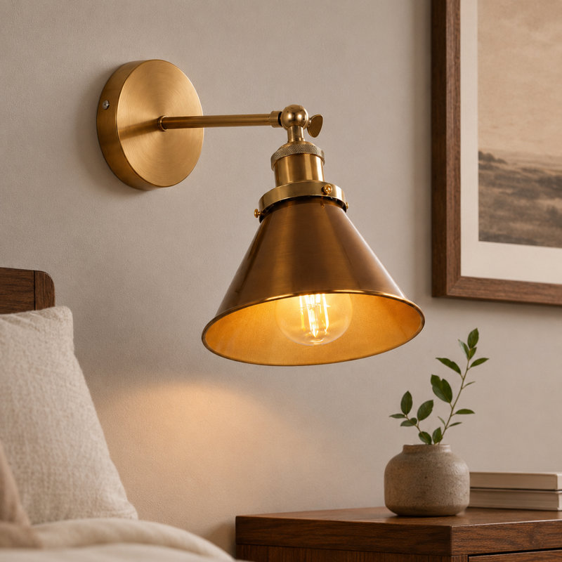 1 - Light Dimmable Armed Sconce In Brass, Vintage Metal Wall Sconce