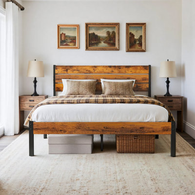 Structure de lit double - Base de matelas robuste avec tête de lit, support de lattes en acier (aucun sommier requis)
