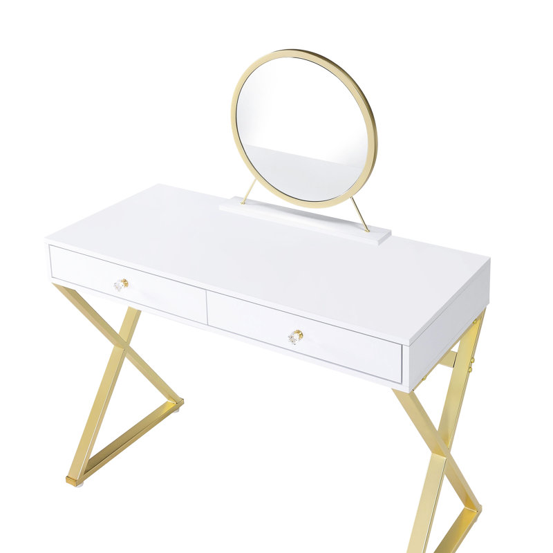 Bureau de meuble-lavabo avec détails blancs et dorés, forme rectangulaire, poignée en cristal, cadre en métal, miroir amovible, plateau à bijoux, 2 tiroirs de rangement avec configuration, tiroir central inclus