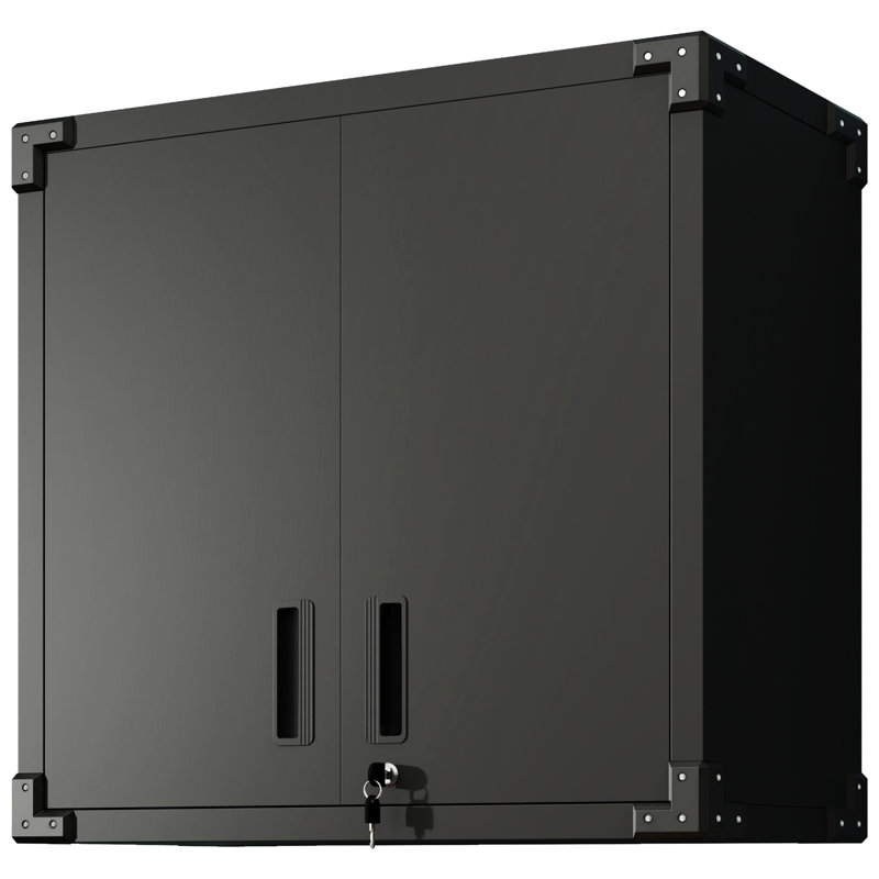 Wall Mounted Metal Tool Holder Cabinet. 2 Locking Doors, 1 Adjustable Shelf, Opened Drawer. For Garage, Office. , Black, Modern Storage Cabinet With Mount Option. Warehouse. Space Efficient