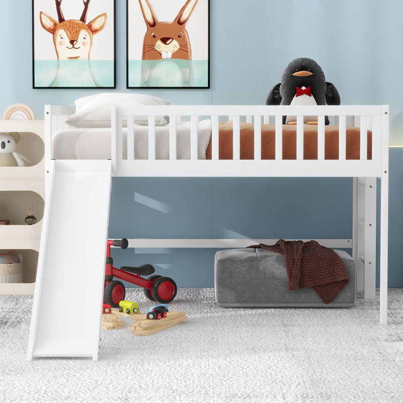 Low Loft Bed With Slide, Twin, White