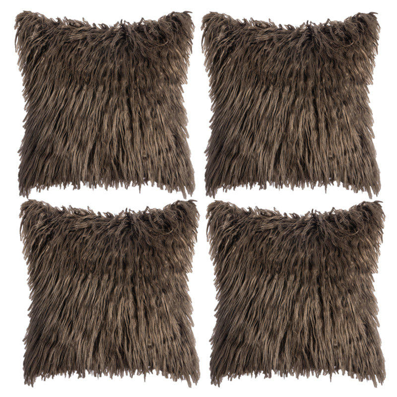 Housse de coussin carré en fausse fourrure avec insert, 16 po x 16 po, Brun chocolat, Oui