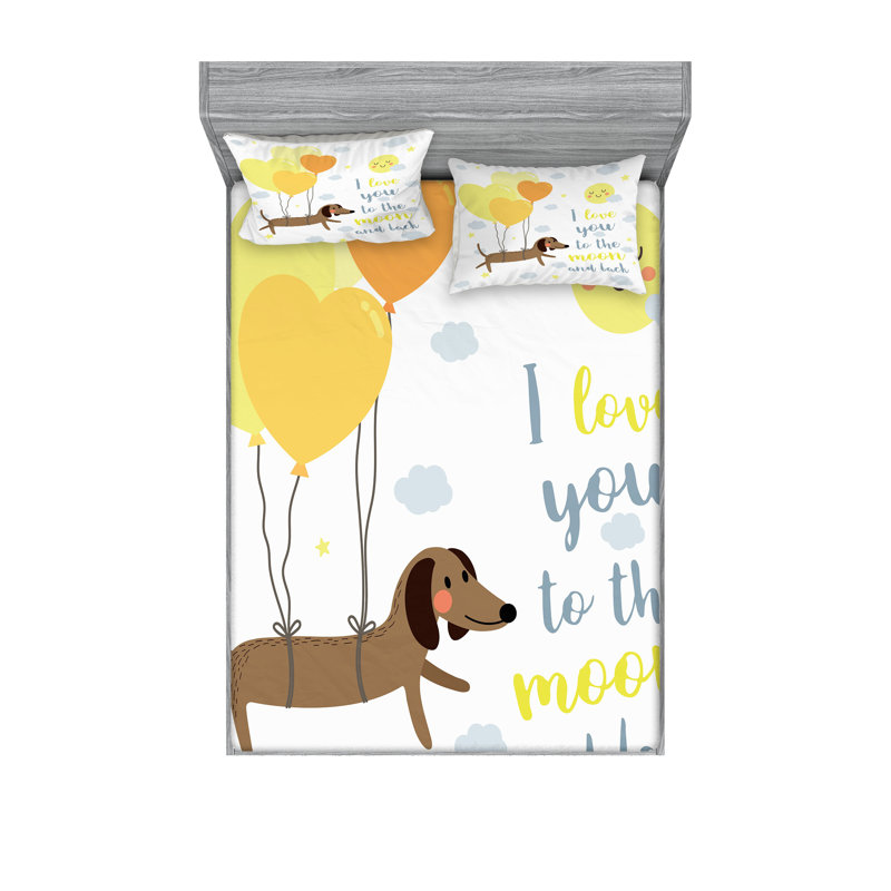 Drap-housse et coussin décoratif Ambesonne I Love You bleu gris jaune cacao, Ensemble de draps pour très grand lit + 5 pièces