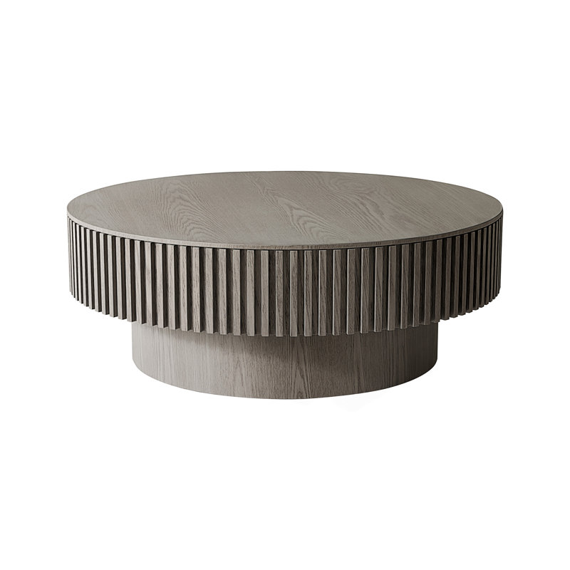 Élégante table basse ronde avec rangement caché et design cannelé, 13.78" H x 39.37" L x 39.37" W, Grey