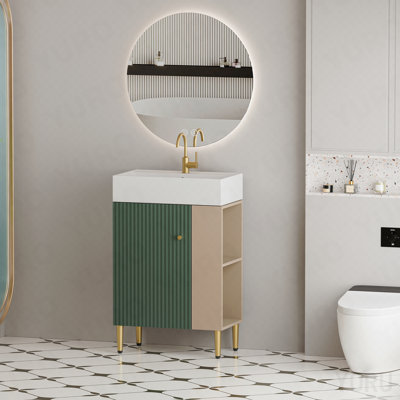 Meuble-lavabo à tablettes ouvertes 21,6 po avec lavabo en céramique, porte à fermeture douce, tablette de rangement à droite, assemblage requis, vert