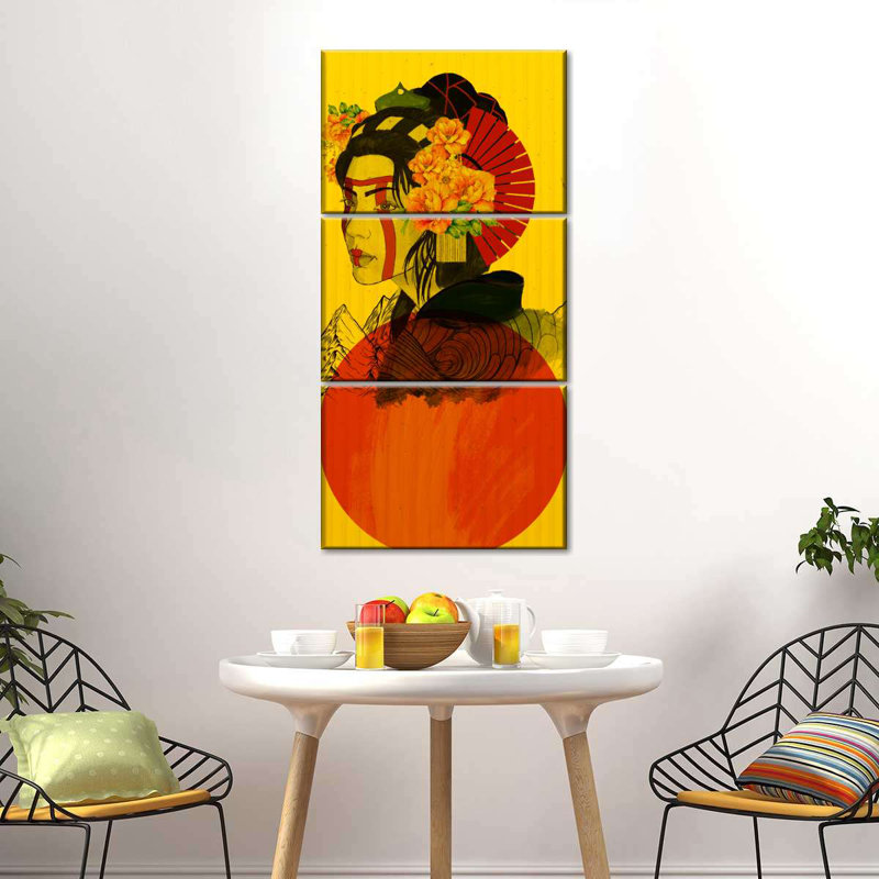 Geisha rouge soleil 3 pièces, H 27 po x l 12 po x P 1 po