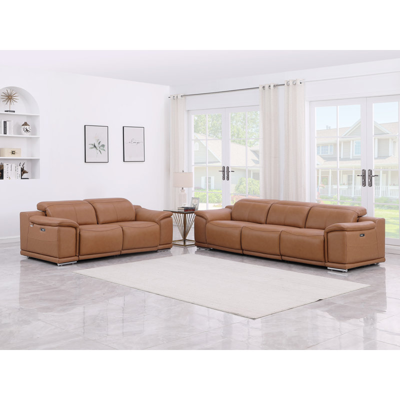Ensemble de canapé et causeuse inclinable électrique Divanitalia en cuir fleur italien, Cognac