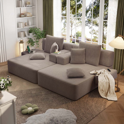 Oversized Plush Corduroy Convertible Double Chaise Lounge with 6 Pillows, Storage Pocket, 2-in-1 Sofa Bed for Small Spaces