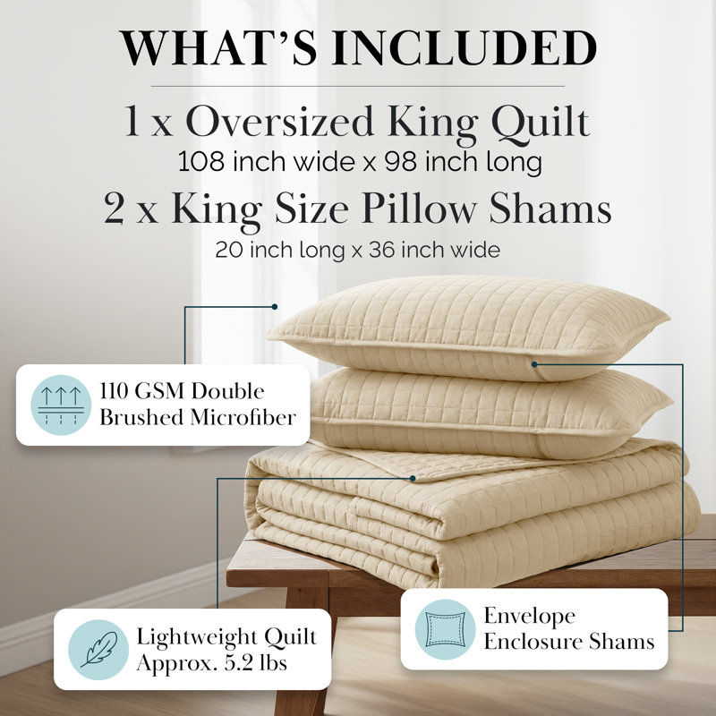 Southshore Fine Linens Vilano Oversized Quilt Set, Double-Brushed Microfiber Lightweight Quilted Bedding and 2 King Pillow Shams, King/California King, Soft Sand