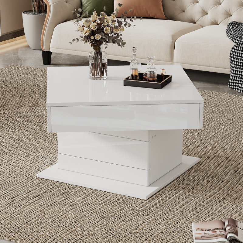 Table basse 27,5 po x 27,5 po x 17,7 po rotative à 360 °, 1 tiroir et rangement caché, panneau de particules blanc ultrabrillant pour le salon