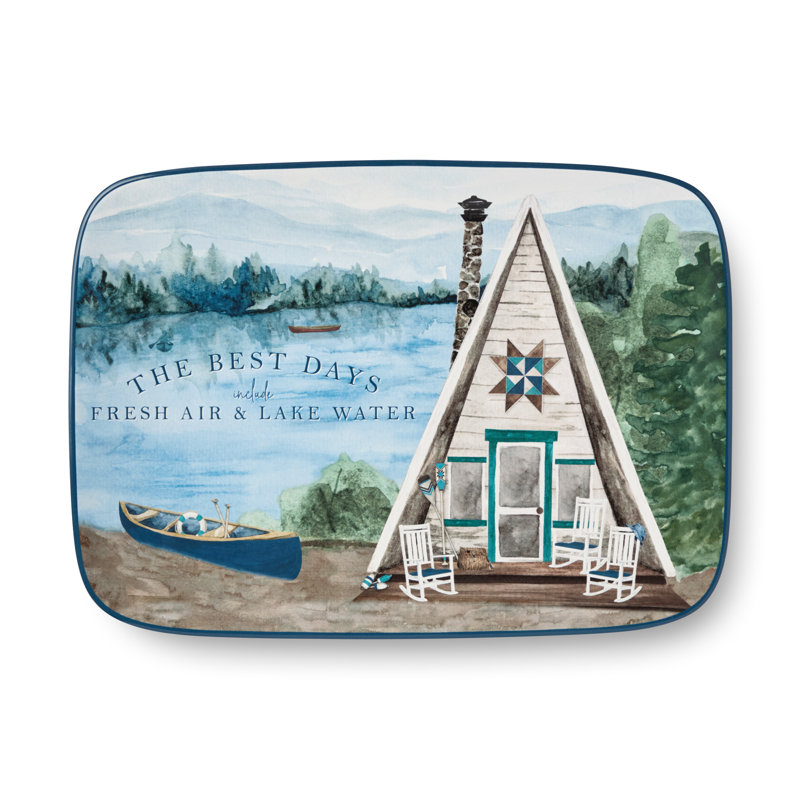 Plateau rectangulaire de 14 x 10 pouces Wake at the Lake, conception inspirée du bord du lac avec des œuvres d'art pittoresques, grès durable, va au lave-vaisselle et au micro-ondes, parfait pour les hors-d'œuvre et les plats principaux