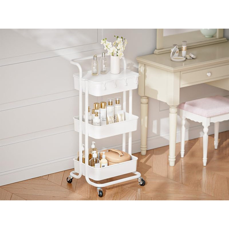 White 3-Tier Rolling Utility Cart with Table Top and Hooks