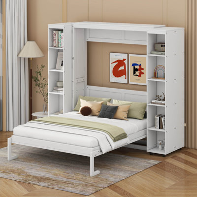 Queen Murphy Bed Wall Bed with Dual Push-Pull Foldable Cabinets