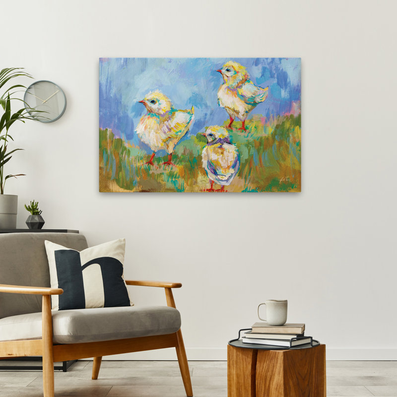 Animaux et aqua, poussins de Pâques, trio d'art, H 24 po x l 36 po