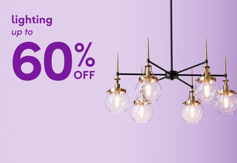 Lighting up to 60% off featuring a modern brass and black multi-light chandelier against a purple background.