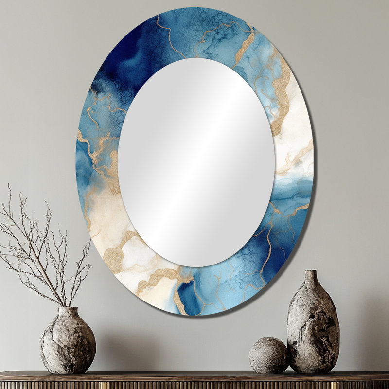 Blue And Gold Marble Clouds XI - Abstract Oval Decorative Mirror On Metal, 40" x 30"