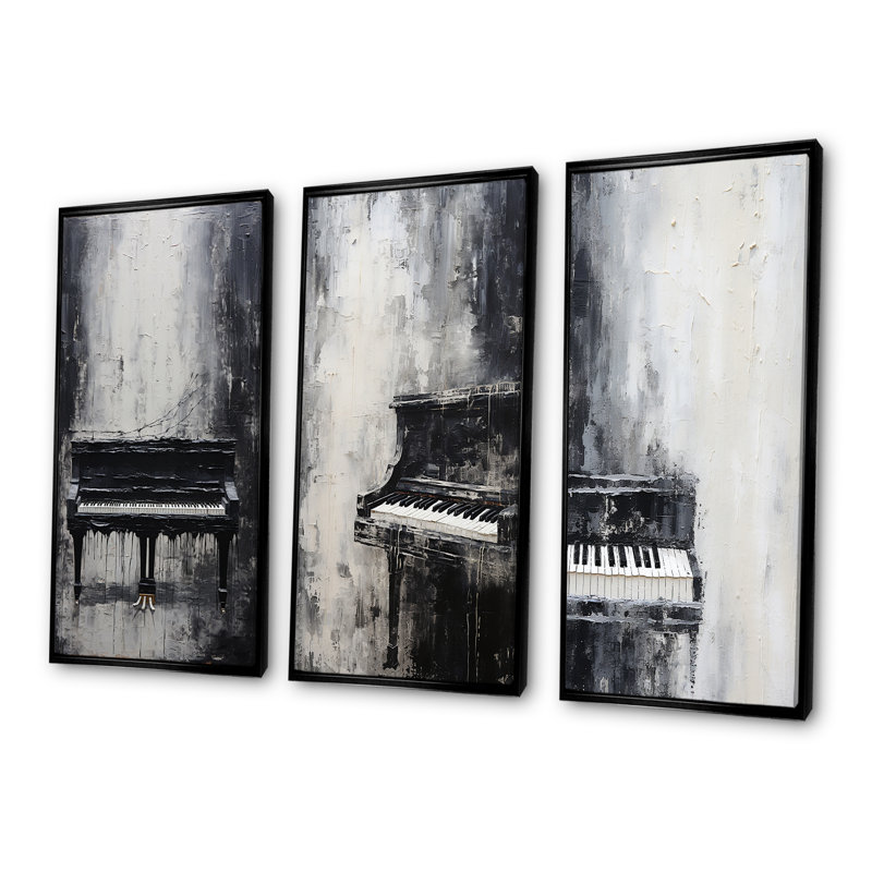 Minimalisme, piano, minuit, noir et blanc - Ensemble de 3 décorations murales piano musical, H 28 po x l 36 po