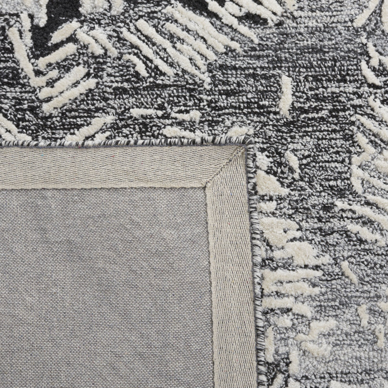 Tapis floral fait à la main en noir / ivoire, Tapis de couloir 2 pi 3 po x 8 pi