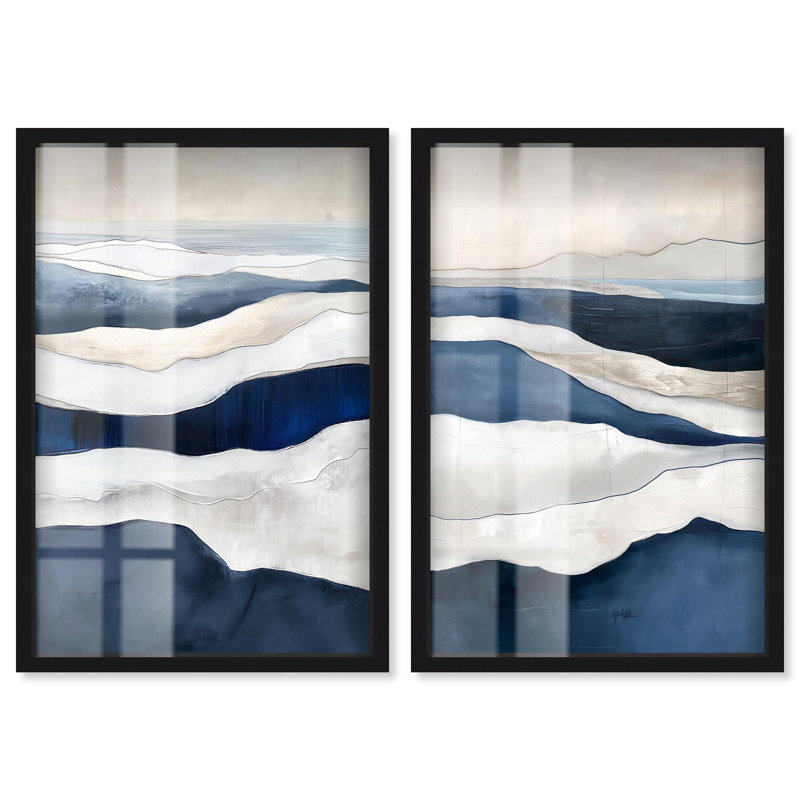 Ensemble d'art mural encadré Artful Blue Waves Duo Shadowbox par Art Remedy, cadre noir, 20 x 30, H 31 po x l 21 po