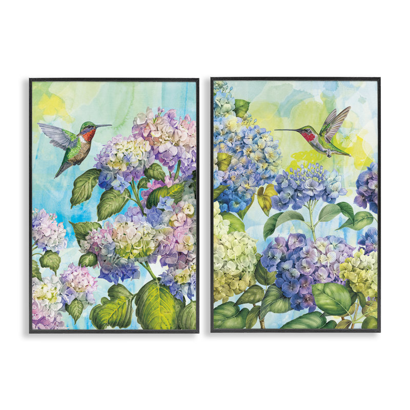Ensemble de 2 giclées avec colibris et hortensias, design par Tim Coffey, H 18 po x l 24 po, Giclée encadrée noir minuit