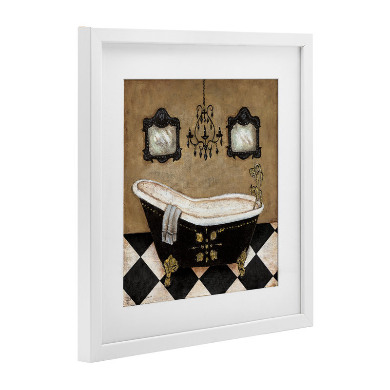 Élégante baignoire rétro imprimée sous verre, design par Janet Tava, H 13 po x l 13 po, Bord de mer blanc sous verre encadré