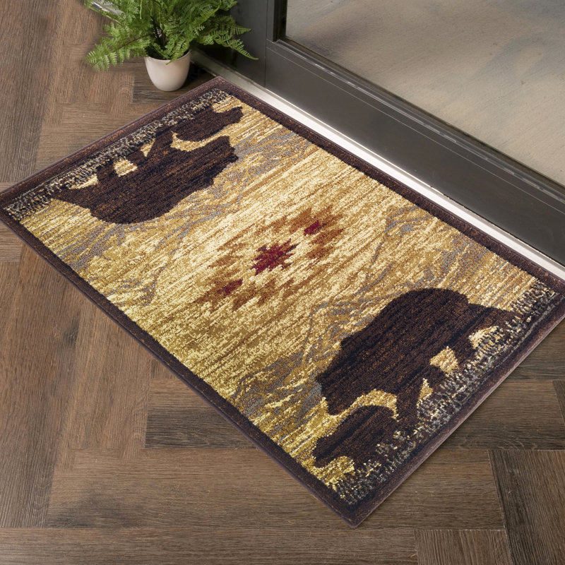 Nature's Nest Lodge Area Rug, 2X3 Ft, Beige Polypropylene, Picturesque With Majestic Mountains & Cute Creatures, Stain , Polypropylene 2 Ft X 3 Mountain Charming Fauna Theme, For Active Living