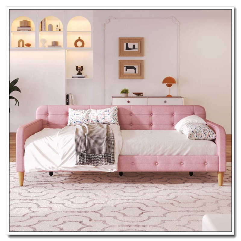 Twin Size Upholstered Daybed with 4 Support Legs, Pink