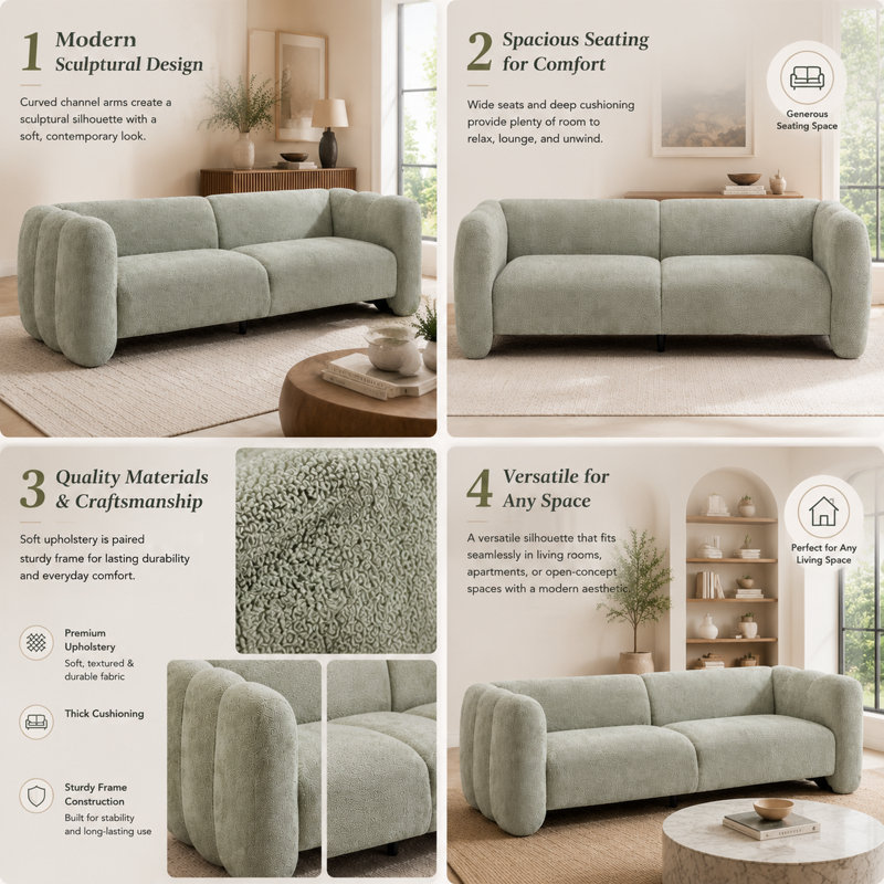 Canapé 83 pouces 83 pouces Wave Design pour salon et chambre à coucher, Boucle vert clair