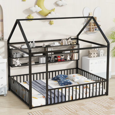 Sereno Metal House Bed Frame With Fence And Shelves, Sturdy Metal And Space-Saving Design