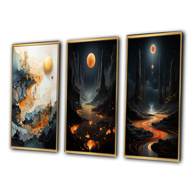 " Abstract Golden Full Moon Moutain Landscape " 3 - Pieces on Canvas
