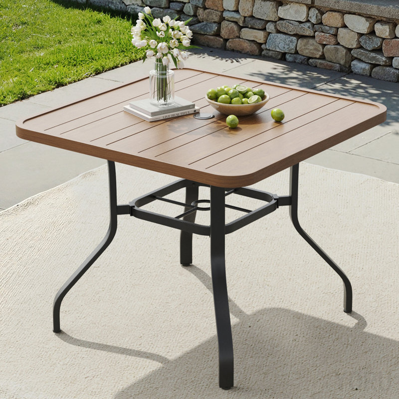 Outdoor Patio Dining Table With 1.57" Umbrella Hole, 35"X35" Wood-Like Texture, All-Weather Metal Frame For Poolside, Deck, Porch