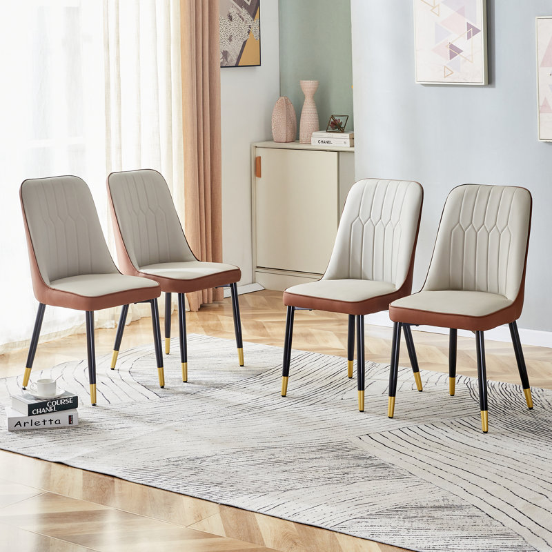 Chaises de salle à manger modernes en similicuir deux tons avec capitonnage géométrique et pieds en métal, Gris clair / Brun
