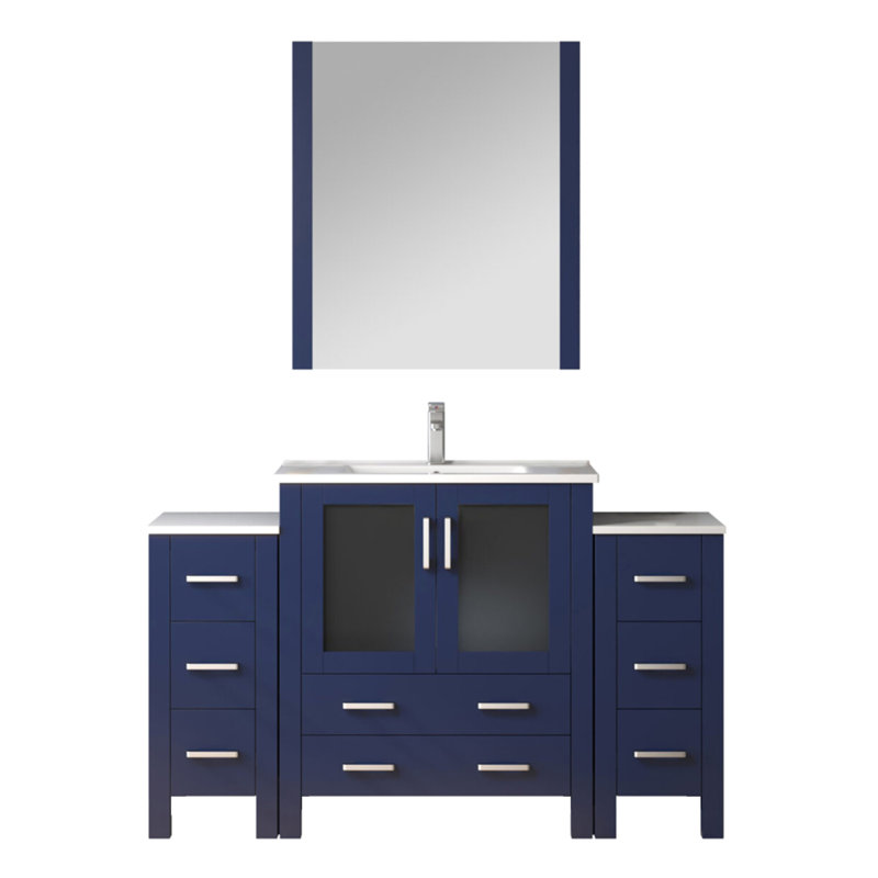 54 po Meuble-lavabo W bleu marine avec armoires latérales, comptoir en céramique blanche, robinet et miroir 28 po, comptoir Scratch, simple en acier inoxydable