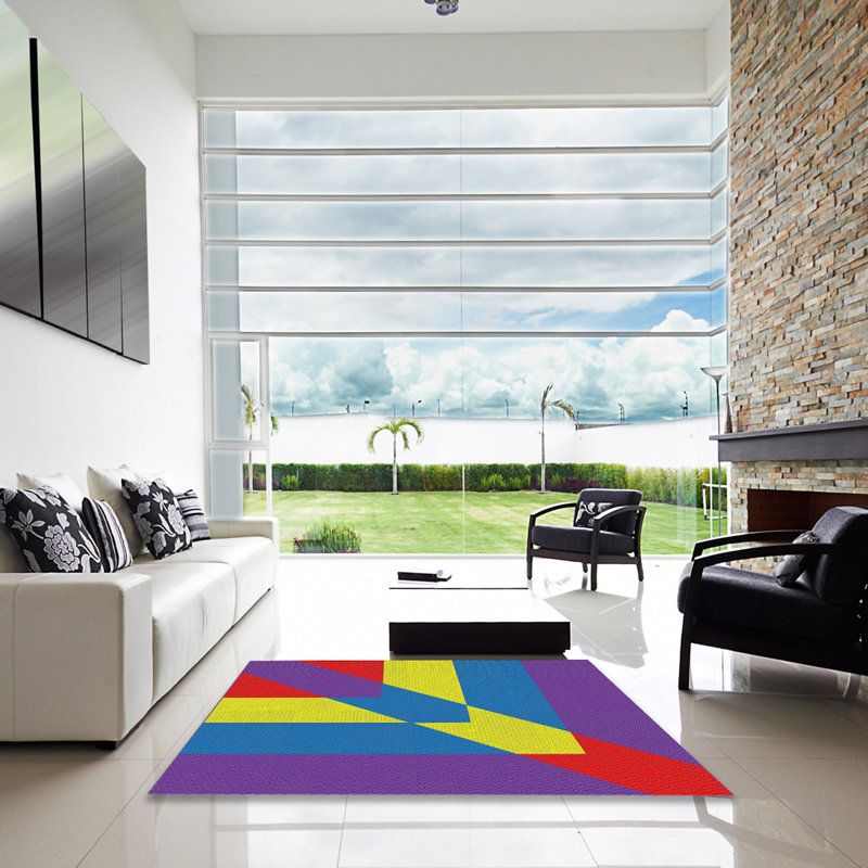 Tapis rouge/violet/jaune à motif, Carré 7 pi
