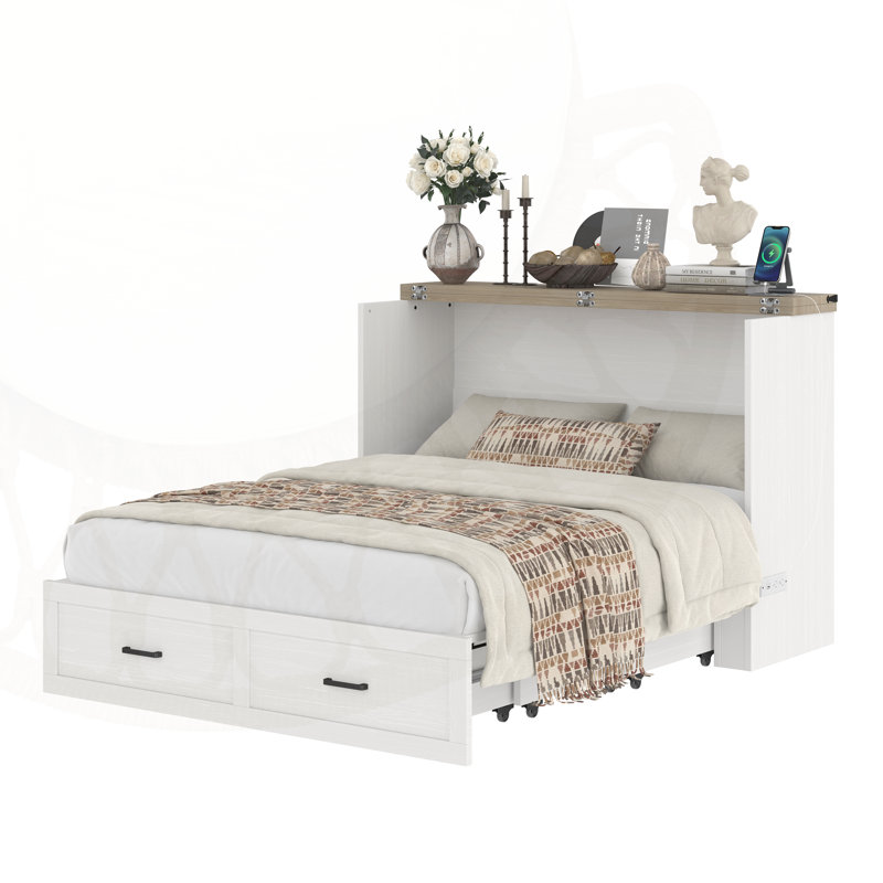 Murphy Antonin Cabinet Full Size with Charging Station, Multi-Functional Foldable Platform Antonin with 1 Large Storage Drawer for Guest Room, Small Antoninroom