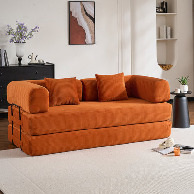 Convertible Sleeper Sofa Bed With Cylindrical Pillow, Corduroy Folding Mattress Couch With Fixed-Shape Frame, Floor Sofa Lounge Couch For Living Room Bedroom (Orange)