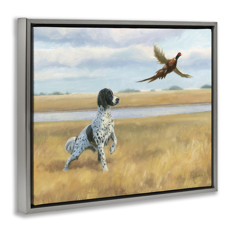 Pointer Dog & Faisan, H 21 po x l 17 po, Cadre flottant gris lustré