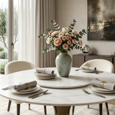 Aversa Modern Round Dining Table, Sintered Stone & Travertine Top With Lazy Susan, Farmhouse Kitchen Table For Dining Room
