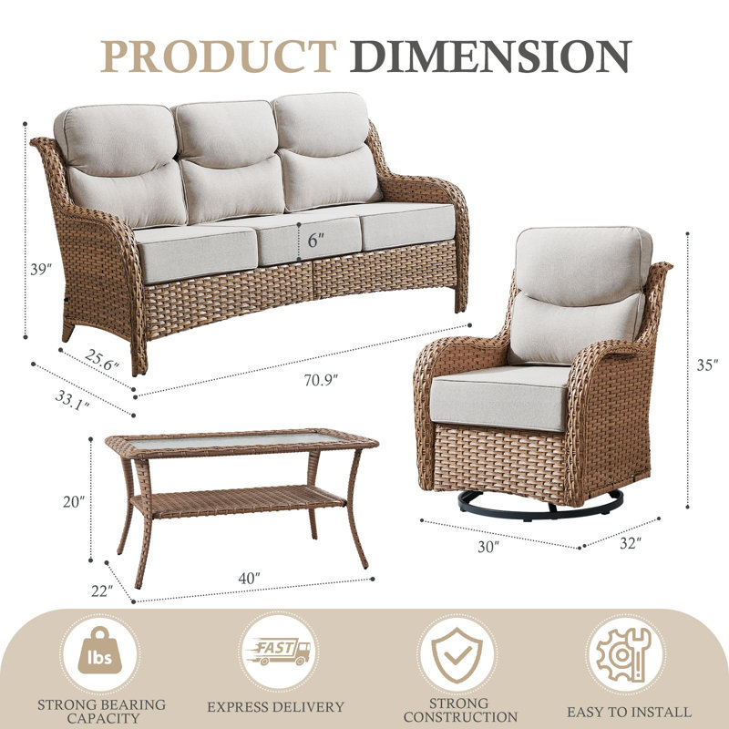 Ensemble de conversation pour canapé d'extérieur en osier pour 10 personnes avec chaises pivotantes et table basse