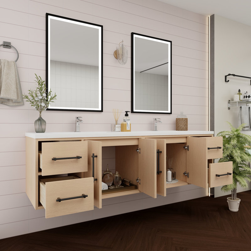 Meuble-lavabo mural 72 po avec double évier en acrylique renforcé Victoria, Chêne jaune