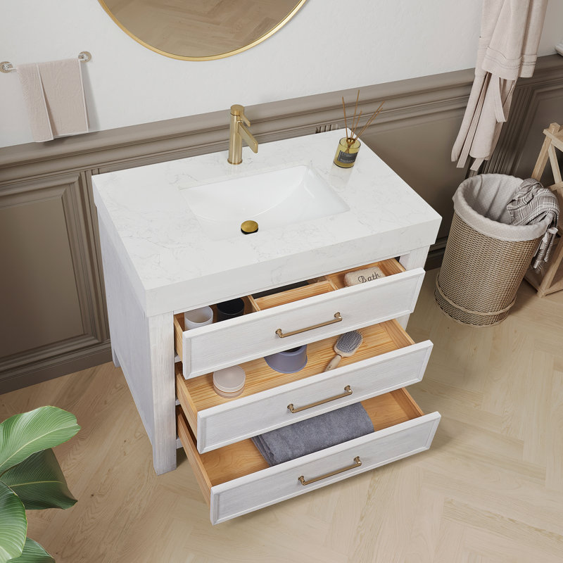36'' Single Bathroom Vanity with Engineered Marble Top, White, Fir Wood Black, Gold