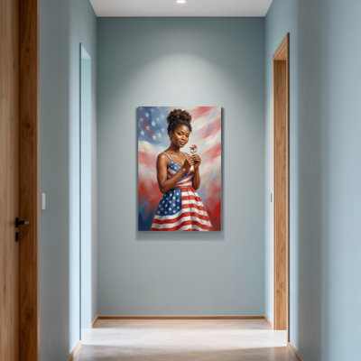 Fashion American Flag Dress Woman Holding Flower